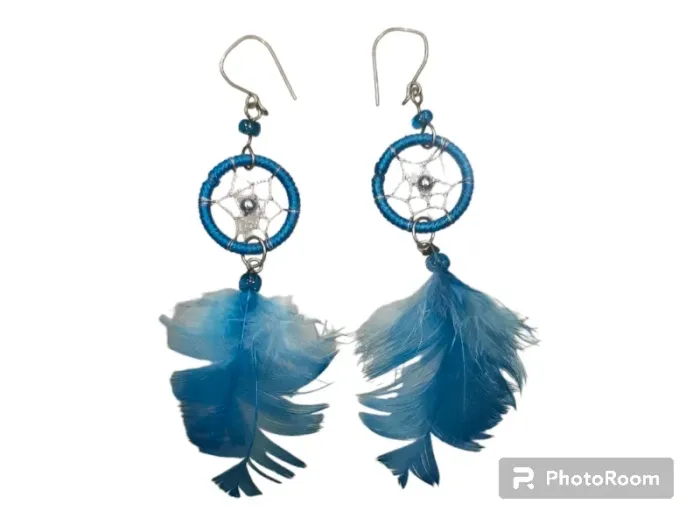 Boucles d'oreilles attrape rêve et plume bleues
