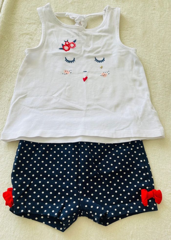 Ensemble short bleu à pois blanc et débardeur blanc 12mois-74cm Orchestra - photo numéro 2