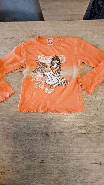 T shirt orange à manches longues, fille, C&A, 134/140 (9/10)