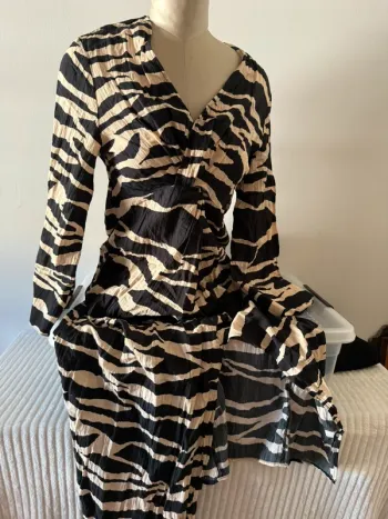 Robe H&M Motif Zèbre Beige & Noir - Froncée, Col V - Taille XS