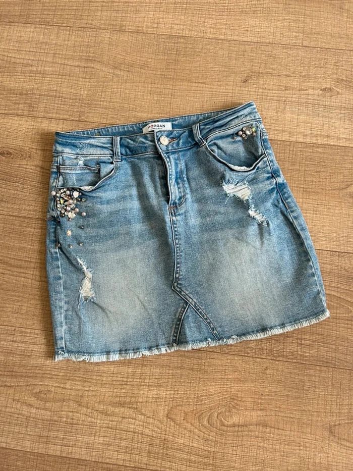 Jupe en jean bleu avec strass et perles Morgan taille 38 TBE - photo numéro 11