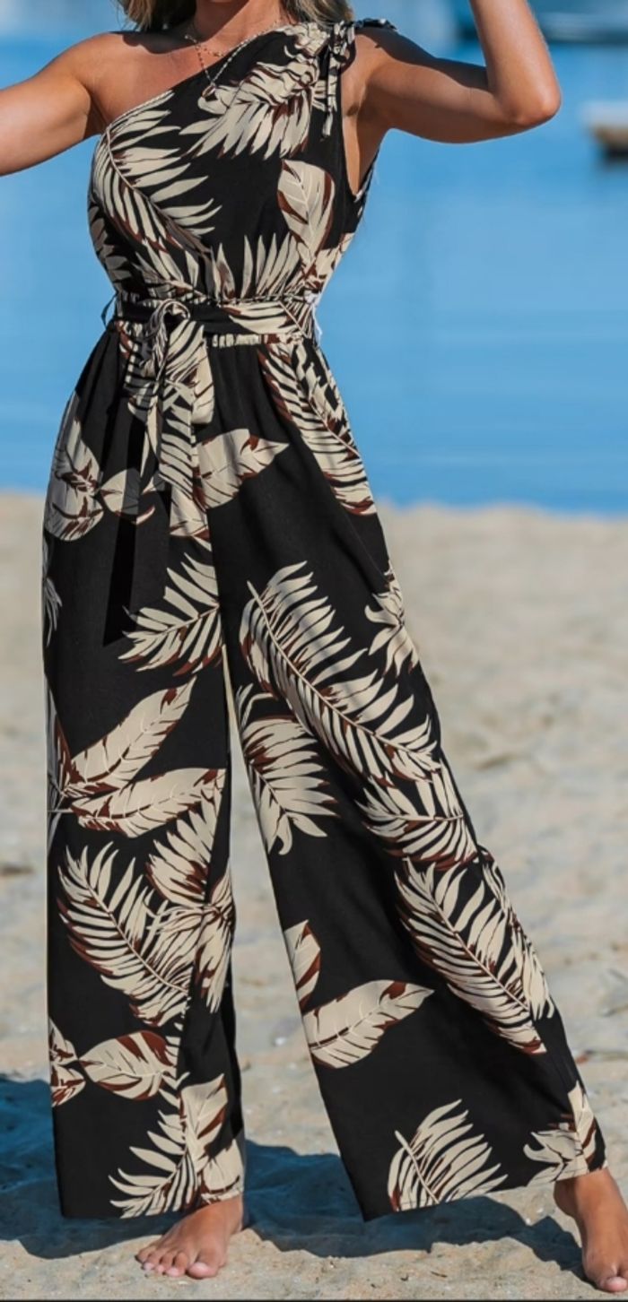 Combinaison à une épaule et jambes larges imprimé feuilles - photo numéro 9