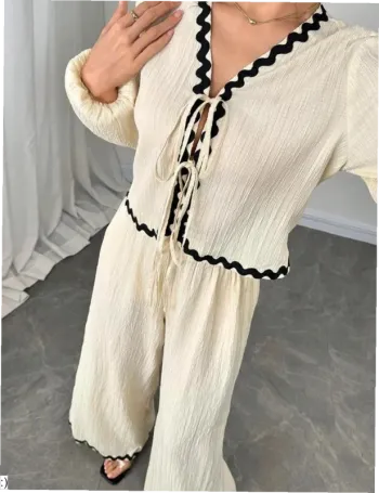 Ensemble Femme Crème Zigzag Noir - Chemise Pantalon Large Taille XS Neuf Jamais Porté