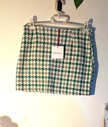 Mini-jupe Route 28 en tweed carreaux vert & écru