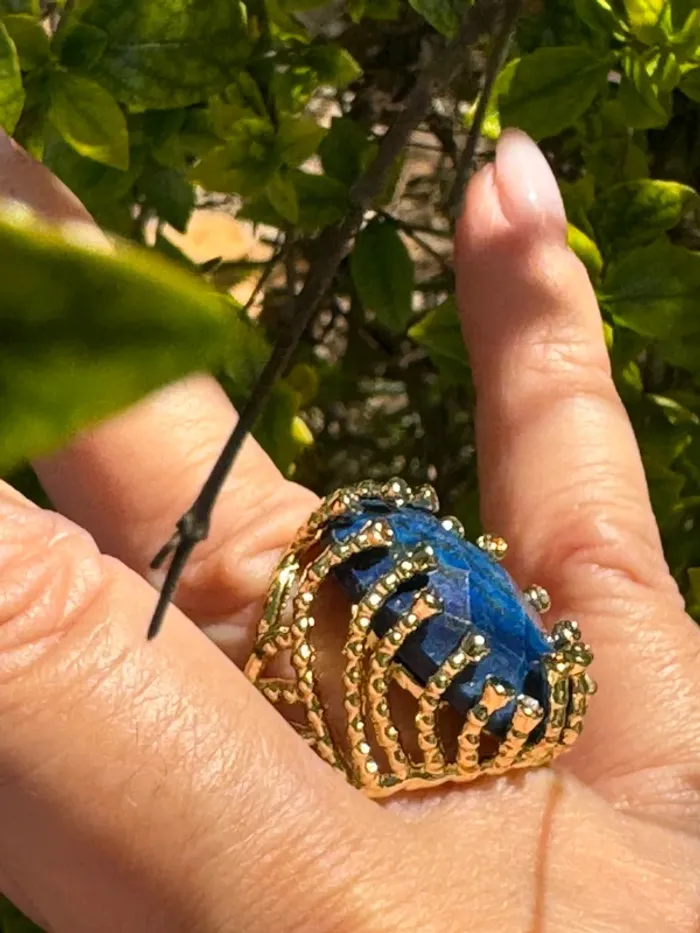 Grosse habaha Paris acier inoxydable or tige cristaux couleurs et pierre véritable lapi lazuli - photo numéro 3