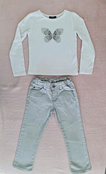 Ensemble Okaïdi 3 ans : jean slim gris clair et t-shirt manches longues  blanc motif papillon