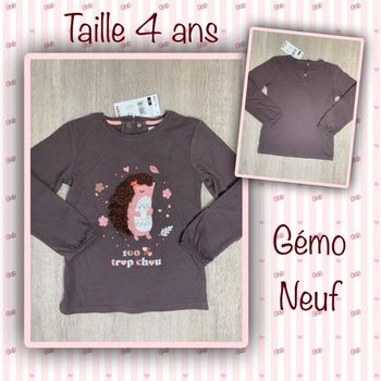 T-shirt ML motif hérisson a relief - taille 4 ans - neuf