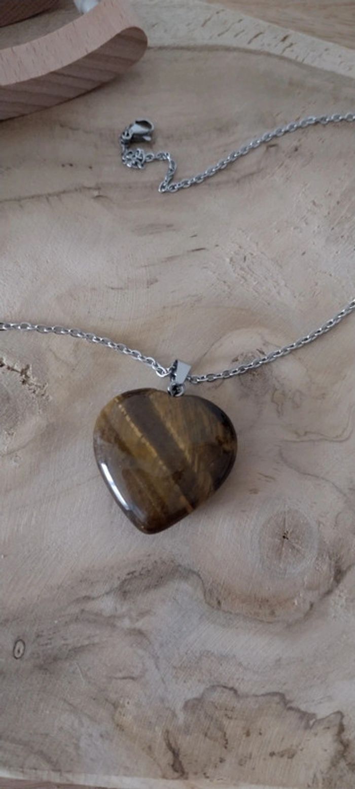 Collier pendentif coeur oeil de tigre - photo numéro 2