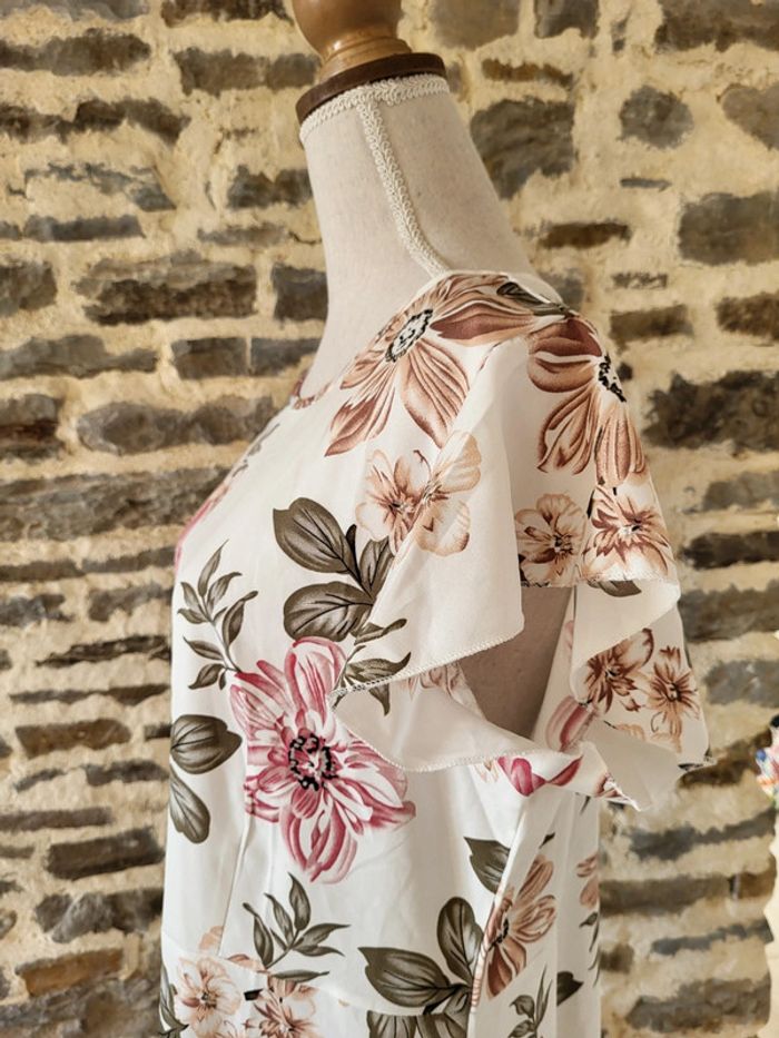 Robe de cérémonie ou de cocktail à fleurs rose écru La Redoute Taille XL ou 40/42 - photo numéro 5