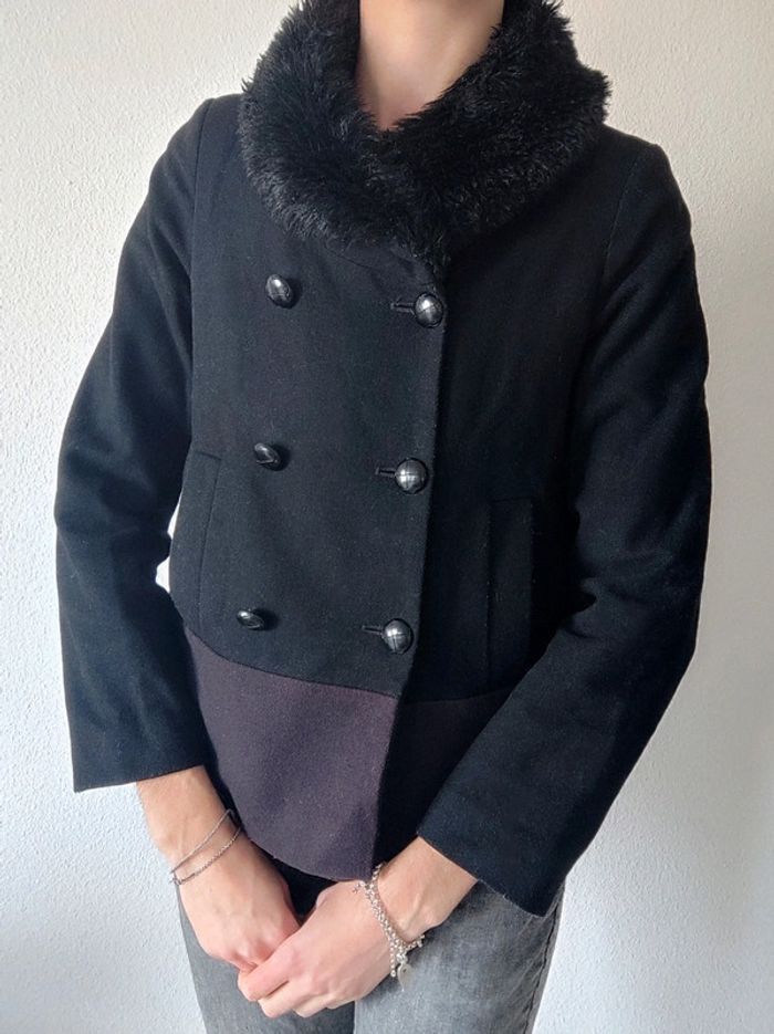 Manteau caban noir violet laine col fausse fourrure / Etam - 34XS à 36/S - photo numéro 4