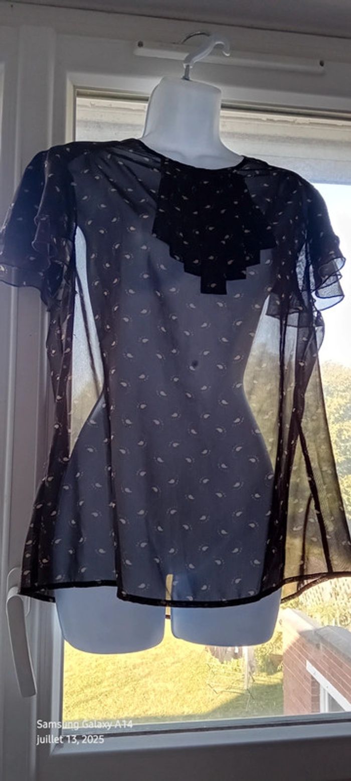 Blouse en voile manches volantées col cravate motif plumes marron femme L - photo numéro 11