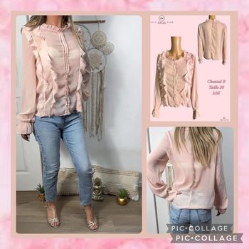 🩷Blouse rose poudré à volants – Chantal  B – Taille 38 SOLDÉ -20% 🩷
