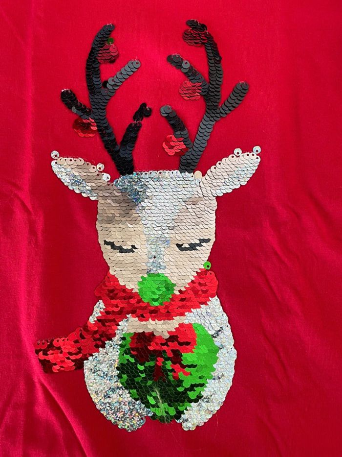 Tee-shirt manches longue Noël fille 8 ans sequins renne - photo numéro 2
