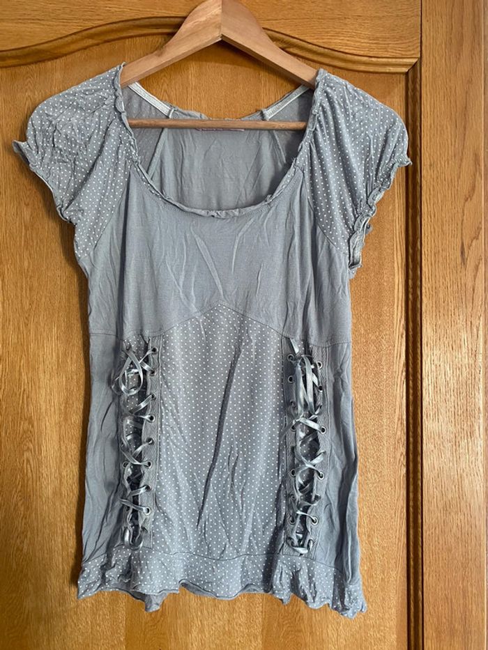 T-shirt manches courtes gris pois blanc