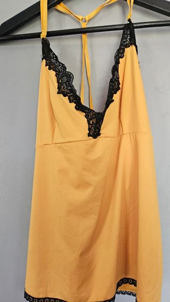 Caraco jaune moutarde XL avec dentelle noire- Bretelles croisées