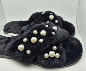Chausson d'intérieur Noir Fausse Fourrure Chaude Avec Perles