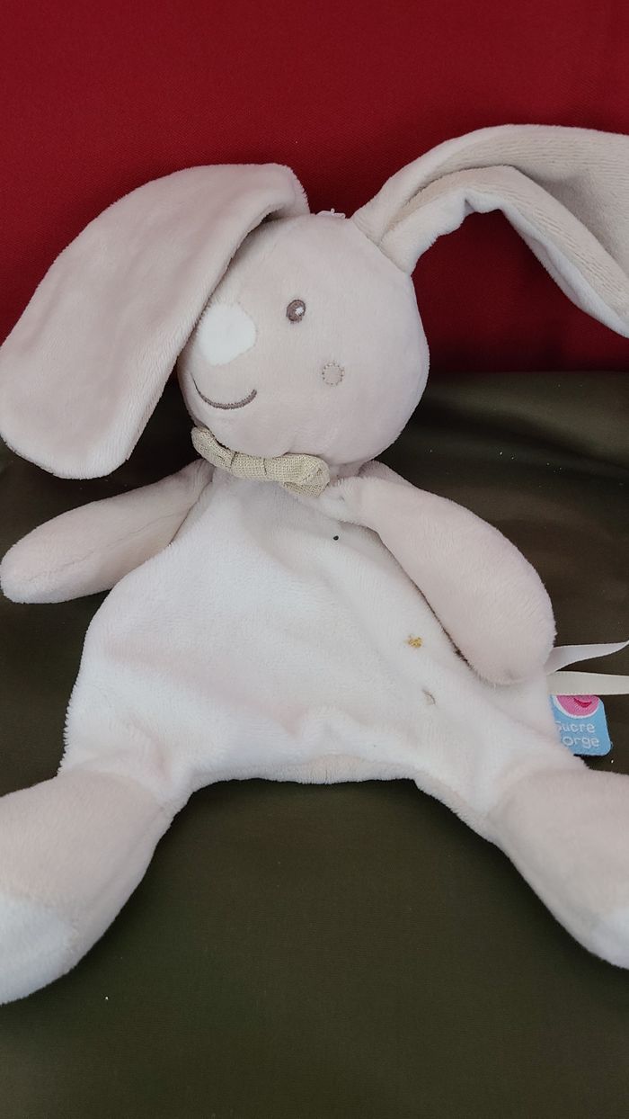 DOUDOU SUCRE D'ORGE LAPIN PLAT BLANC BEIGE NOEUD PAPILLON ETOILE OR - photo numéro 4