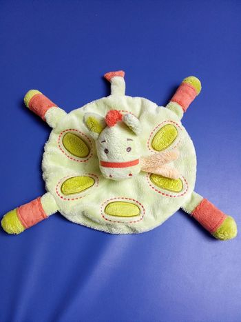 Doudou rond girafe  cheval kimbaloo, vert, orange, 4 pattes, motif, broderiekimbz