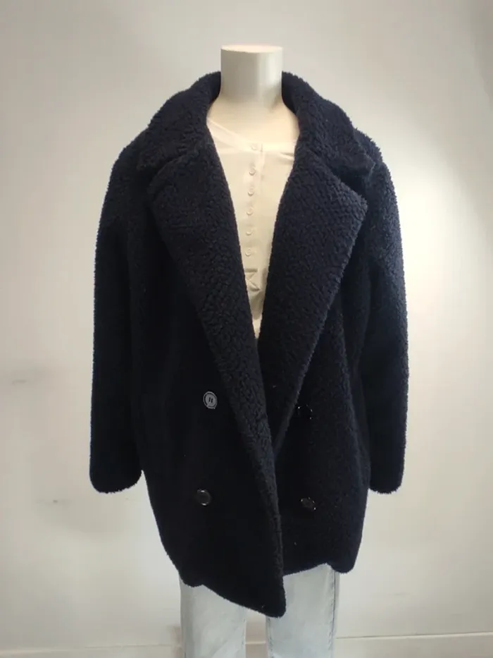 Manteau laine bouclée La Redoute Softgrey polyester moumoute bleu marine - photo numéro 3