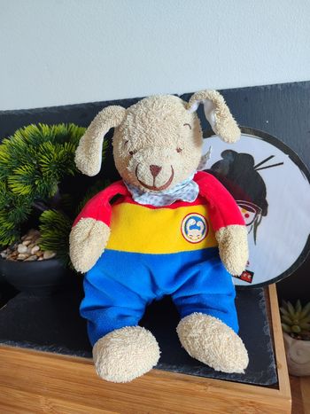 Doudou lapin chien beige rouge jaune bleu bandana envog  carreaux ancien Peluche