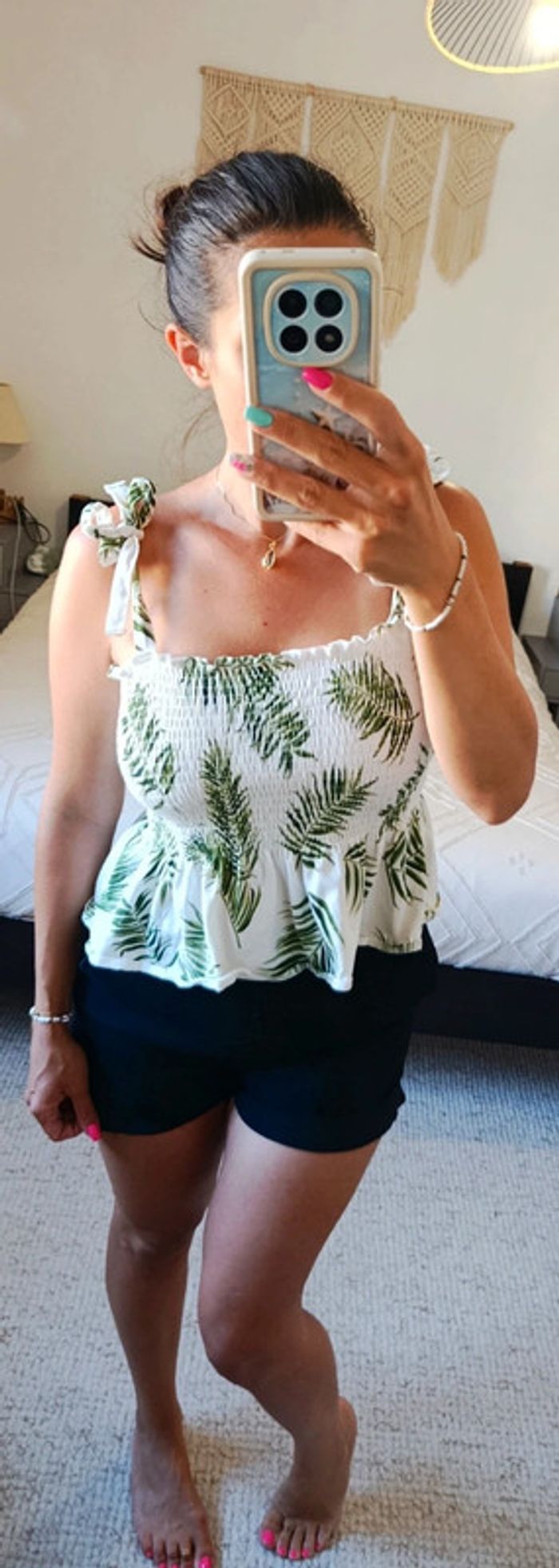 Top peplum court évasé tropical H&M M vert et blanc coton élasthanne - photo numéro 3