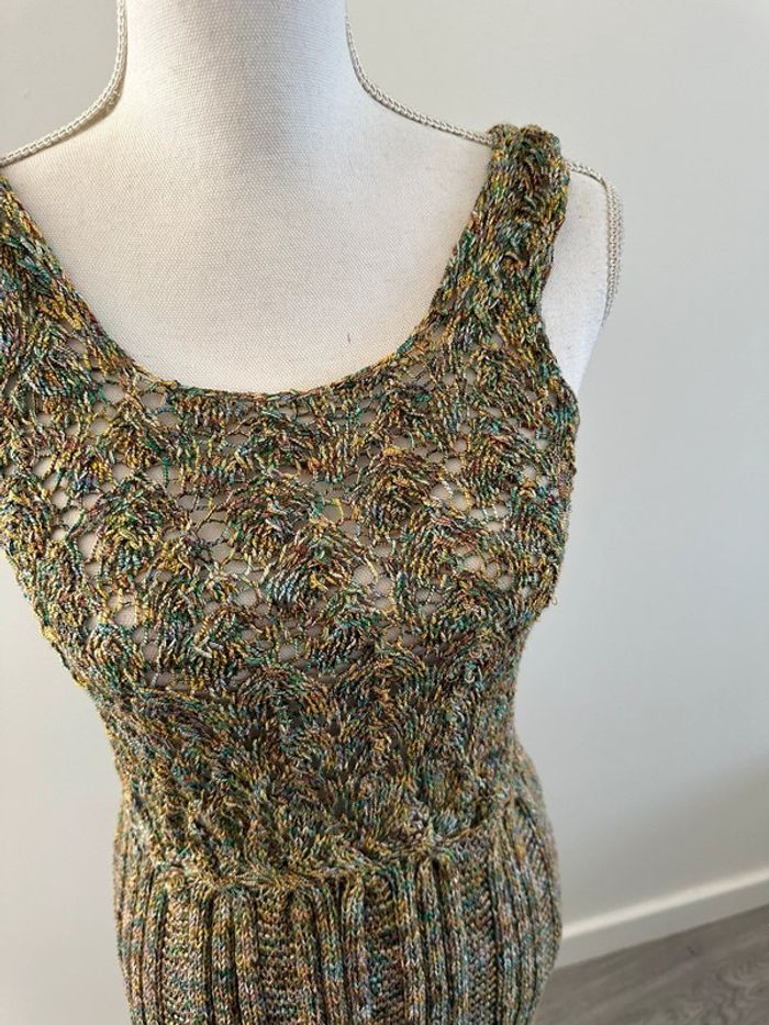 Robe en crochet tricot multicolore et kaki Vintage T38 M - photo numéro 2