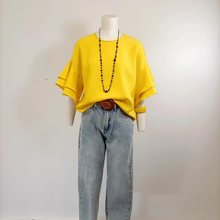 Top jaune Zara Woman à manches à volants style pop chic taille XS A619 - photo numéro 3