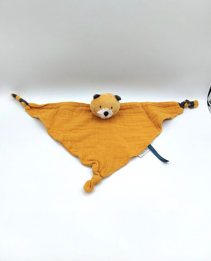 Doudou Plat Chat MOULIN ROTY Les Moustaches lange Jaune Moutarde Tigre 3 Noeuds