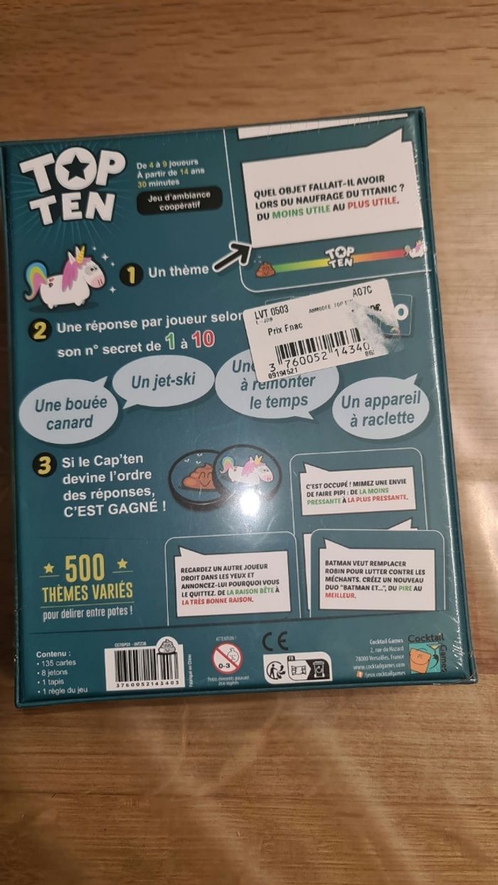 Neuf sous cellophane jeu de société Top Ten des éditions Cocktail Games - photo numéro 2