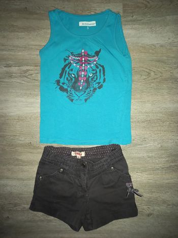 short gris shiny et débardeur bleu tigre in extenso taille 3 ans