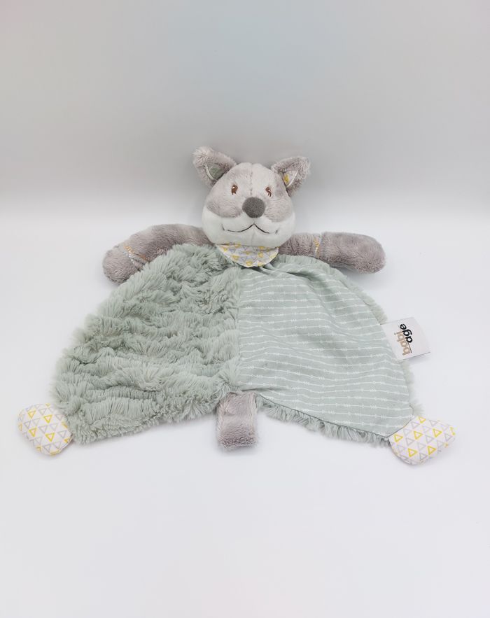 Doudou peluche loup gris vert BABI AGE Babiage bandana blanc triangle jaune gris