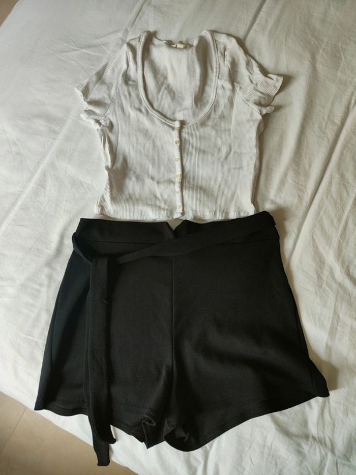 Lot de vêtements femme xl ensemble jean marron mocha mousse jupe simili cuir crop top blanc - photo numéro 4