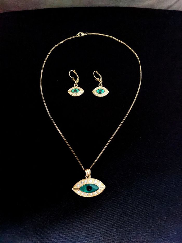 Magnifique parure collier et boucles d'oreilles mauvais œil en plaqué or - photo numéro 7