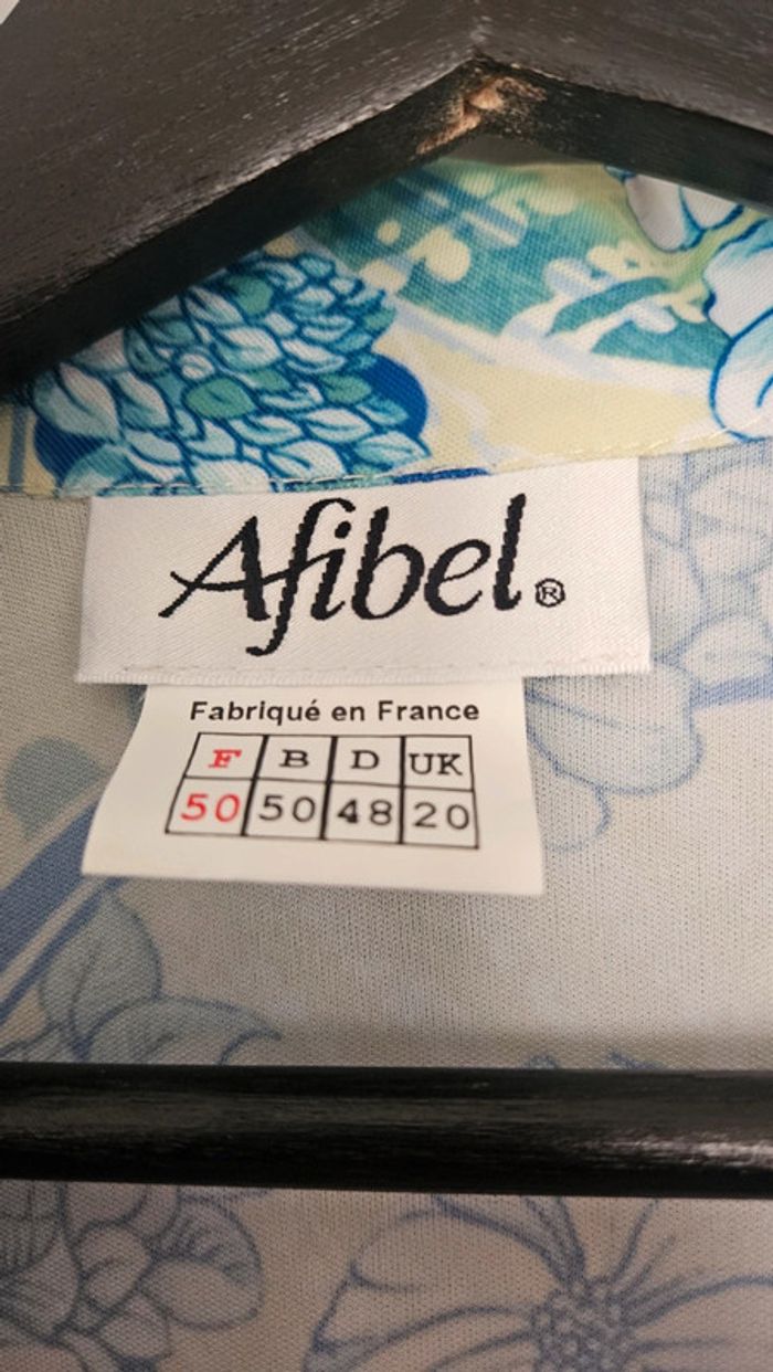 Chemisier vintage Afibel T50- fleurs bleu vert, épaulettes et lien à nouer - photo numéro 4