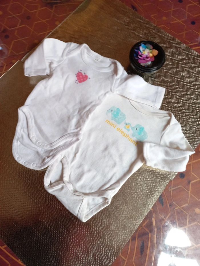 LOT 2 Bodys longs coton bio 0 a 3 mois