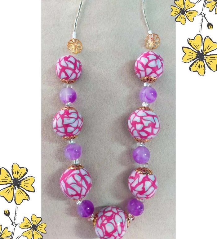 Collier vintage fait main – Perles roses en polymère & perles violettes – Collection Nuances de Rose - photo numéro 4