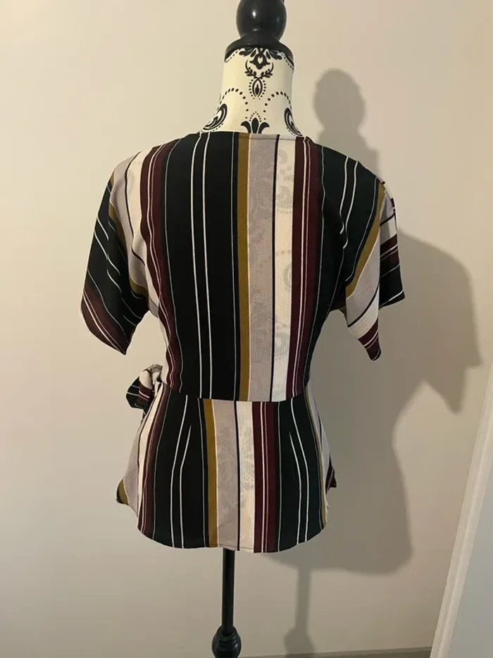 Blouse cache cœur noir rayure vert foncé moutarde blanc beige bordeaux New Look taille 36 - photo numéro 5