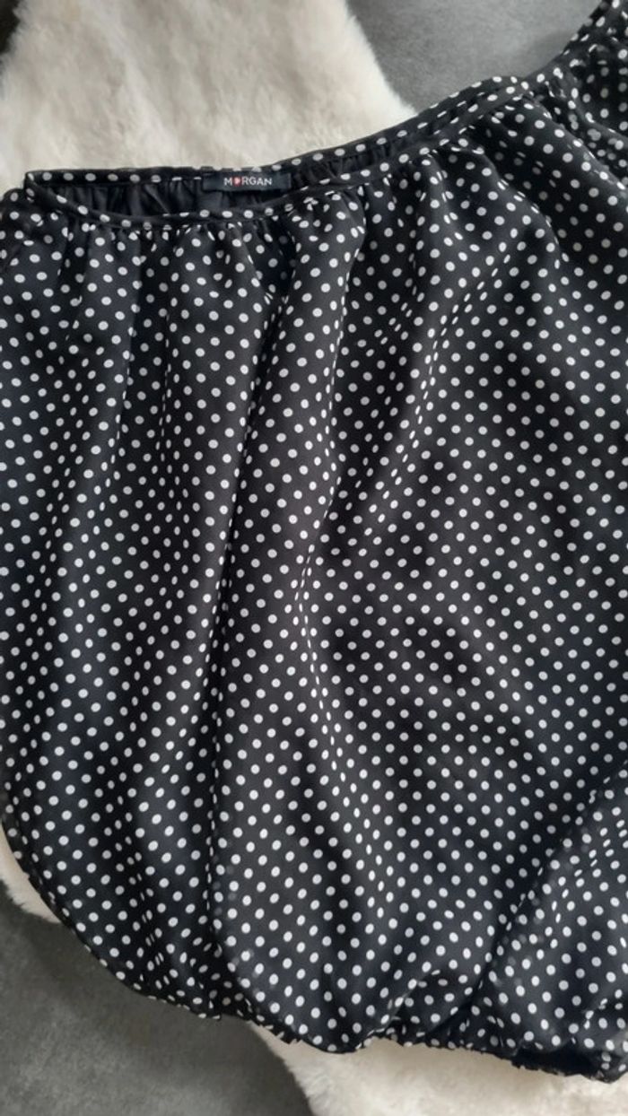 Haut Morgan habillé 36 S noir / pois blanc épaule dénudé asymétrique - photo numéro 4