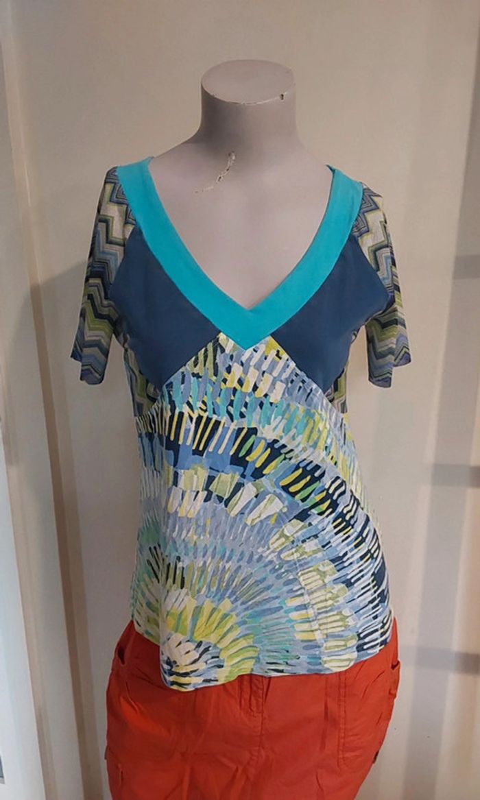 Blouse fluide   imprimée bleu et blanc T 40 - photo numéro 2