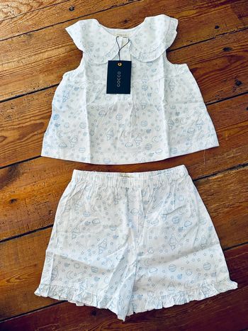NEUF Gocco pyjama 2 pièces chemise de nuit chemisier short volants col fusées espace 1 an 12-18 mois
