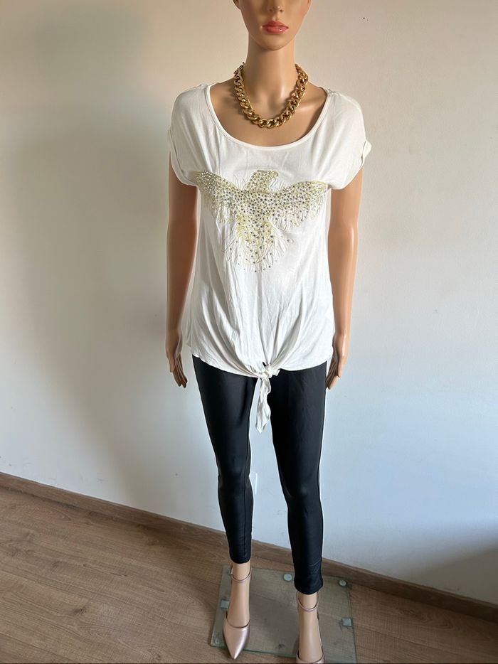 Teeshirt blanc écru neuf avec strass Morgan taille XS (valeur 35€) - photo numéro 3