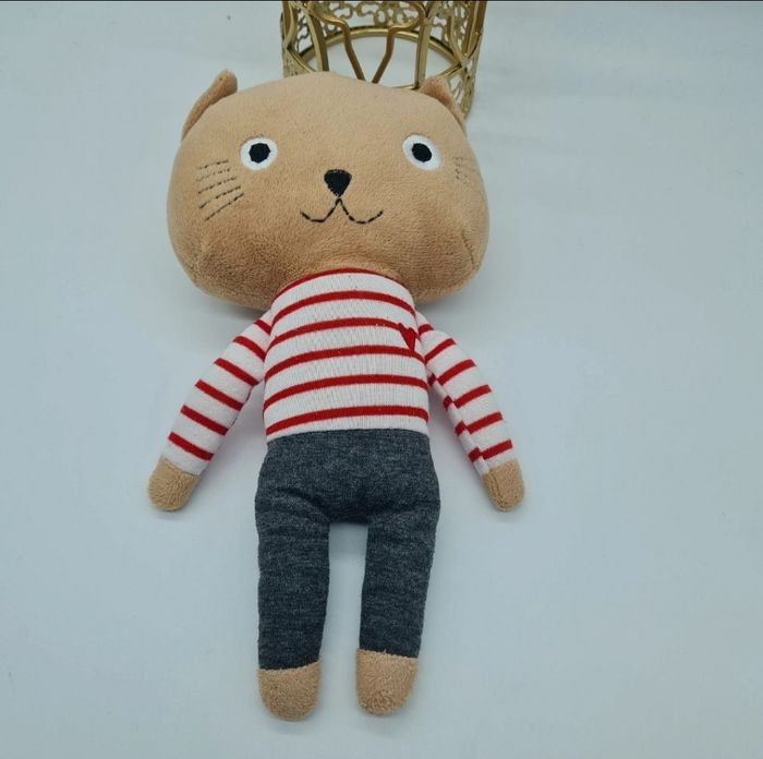 Peluche doudou chat marron beige pull blanc Monoprix rayure rouge coeur pantalon gris - photo numéro 2