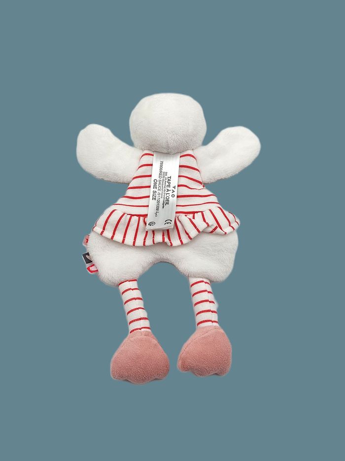 Doudou plat canard blanc grelot TAO TAPE A L’OEIL robe rayures rouge rose hochet - photo numéro 2