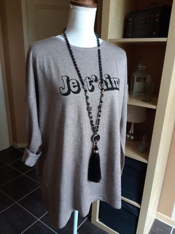 Pull long et fin beige camel L/XL neuf inscription je t'aime