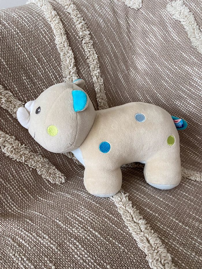Peluche doudou 25cm sucre d’orge rhinocéros beige et bleu à pois très bon état - photo numéro 3