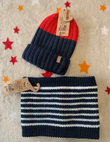 Ensemble bonnet/tour de cou TAO bleu marine et rouge 2-4 ans 💥 Neuf avec étiquette valeur 18,98 €