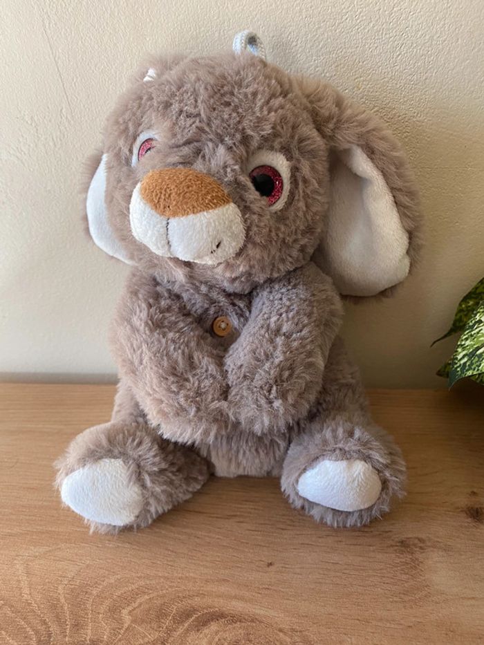 Doudou peluche lapin marron  taupe blanc yeux rose brillant rodadou roda - photo numéro 3