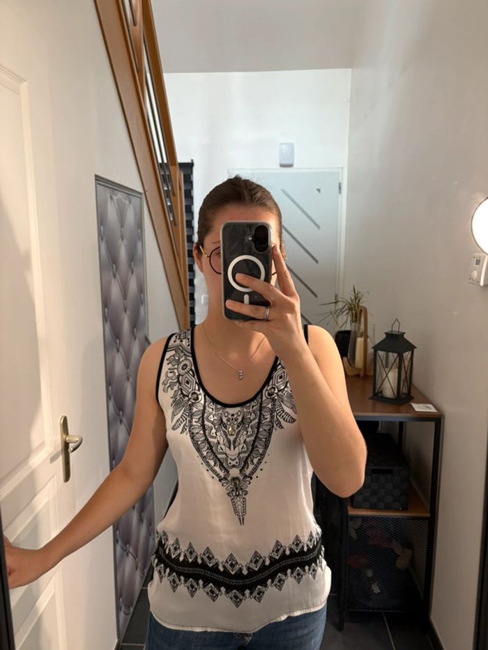 Top sans manches blanc motifs noirs M Promod