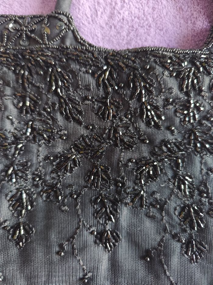 Petit sac à main vintage tissu brodé fermeture anse noir pampille perle sequin - photo numéro 3