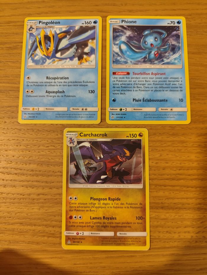 Lot 3 cartes Pokémon Soleil Lune Carchacrok Phione Pingoleon rare